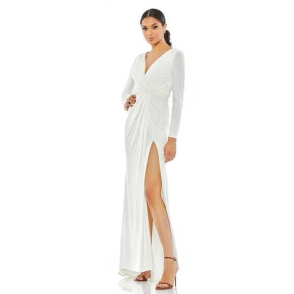 Mac Duggal Dresses & Skirts - FLAWED - NWT Mac Duggal V-Neck Long Sleeve High Slit Gown White 10 #7939